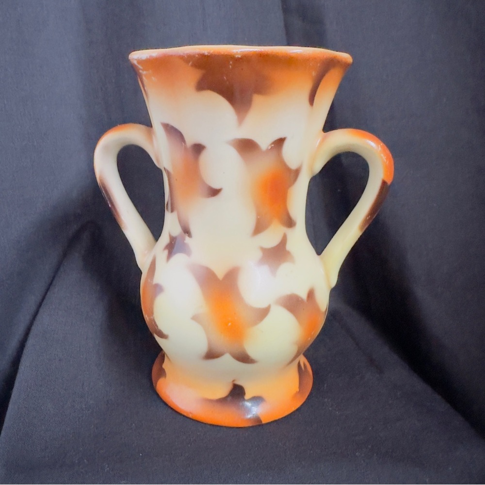 Antique Art Deco Vase Double Handle Czech Victorian Glaze 1920-40"s Browns Cream
